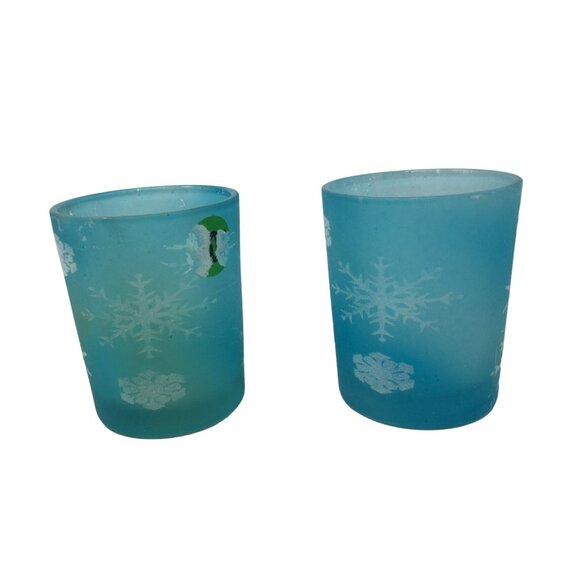 Two Small Blue Tea Light Candle Holders with Snowflake Print on them - Picture 2 of 6